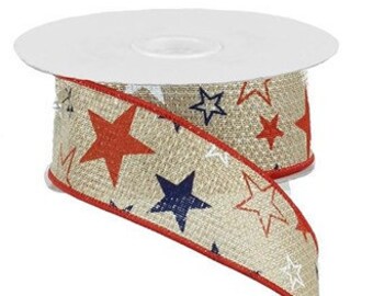 Wired Star Ribbon, Patriotic Star Ribbon for The 4th of July, Burlap Star Ribbon, 1.5" x 10 YARD ROLL