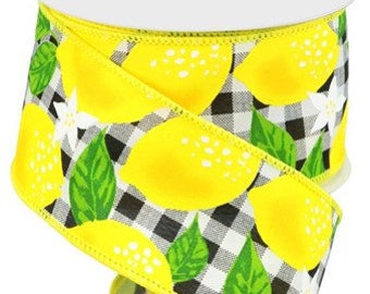 Wired Lemon Ribbon, Lemon Ribbon for Wreaths and Bows, Wired Ribbon 2.5" x 10 YARD ROLL