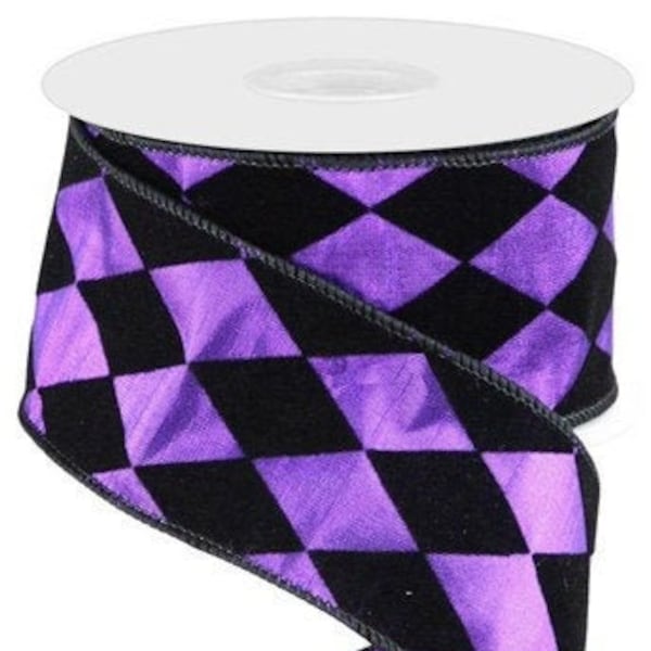 Wired Purple Black Harlequin Ribbon, Purple Black Checkered Ribbon for Wreaths and Bows, 2.5" x 10 YARD ROLL