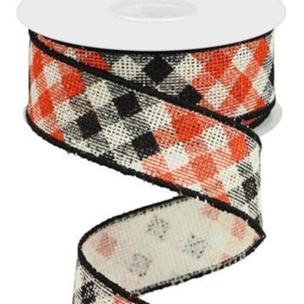 Wired Orange Black Check Ribbon, Orange Black Plaid Ribbon, Wired Ribbon for Fall and Halloween, 1.5" x 10 YARD ROLL