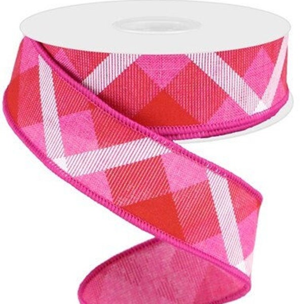 Wired Pink Red Plaid Ribbon for Valentine's Day, Valentine Plaid Ribbon, Check Ribbon for Wreaths, 1.5" x 10 YARD ROLL