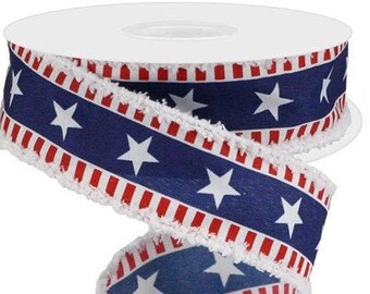 Wired Patriotic Ribbon, Wired 4th of July Ribbon, Wired Star Ribbon, 1.5" x 10 YARD ROLL