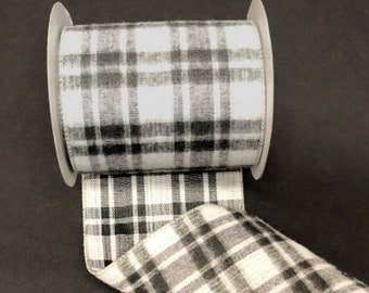 Wired Black White Plaid Ribbon, Black White Check Ribbon, Black White Ribbon for Wreaths, 4" x 10 YARD ROLL