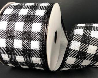 Wired Black & White Check Ribbon, Black White Plaid Ribbon, Buffalo Check Ribbon, 2.5" x 10 YARD ROLL