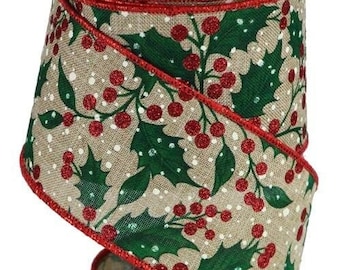 Wired Christmas Holly Ribbon, Christmas Ribbon for Wreath and Bows, Christmas Holly Berry Ribbon, 2.5" x 10 YARD ROLL