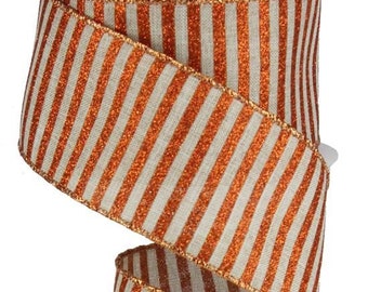 Wired Orange Stripe Ribbon, Natural Orange Glitter Ribbon for Wreaths and Bows, Orange Ribbon for Fall 2.5" x 10 YARD ROLL