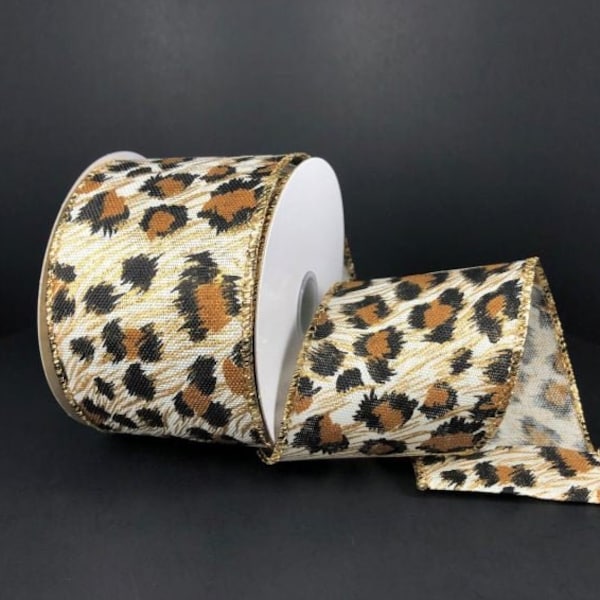 Wired Leopard Ribbon, Cheetah Ribbon, Wired Animal Print Ribbon for Wreaths and Bows, 2.5" x 10 YARD ROLL