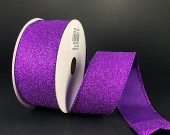 Wired Purple Glitter Ribbon, Purple Wired Ribbon for Wreaths and Bows, 15" x 10 YARD ROLL