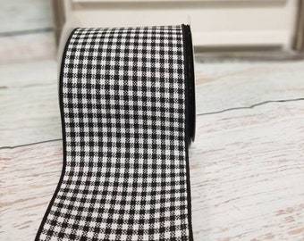 Wired Black Plaid Ribbon, Black White Check Ribbon for Wreaths and Bows 4" x 10 YARD ROLL