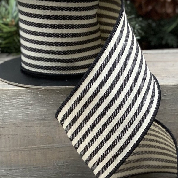 2.5" Black Cream Stripe Wired Ribbon, Black Stripe Wired Ribbon, Black Ivory Ribbon, Christmas Wired Ribbon, Stripe Wired Ribbon, Fall Wired