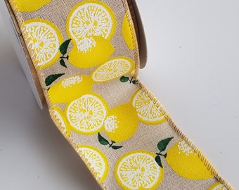 Wired Lemon Ribbon, Summer Lemon Wired Ribbon for Wreaths and Bows, 2.5" x 10 YARD ROLL