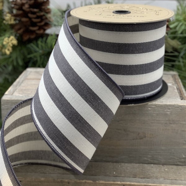 Wired Black Stripe Ribbon, Black Linen Stripe Ribbon, Black Cream Stripe Ribbon, Black Ivory Ribbon, 4" x 10 YARD ROLL