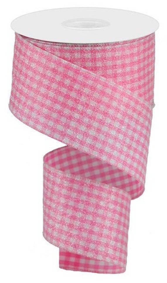 Wired Pink Gingham Ribbon, Pink Glitter Check Ribbon, Pastel Pink Ribbon,  Pink Gingham Check Ribbon 2.5 X 10 YARD ROLL 