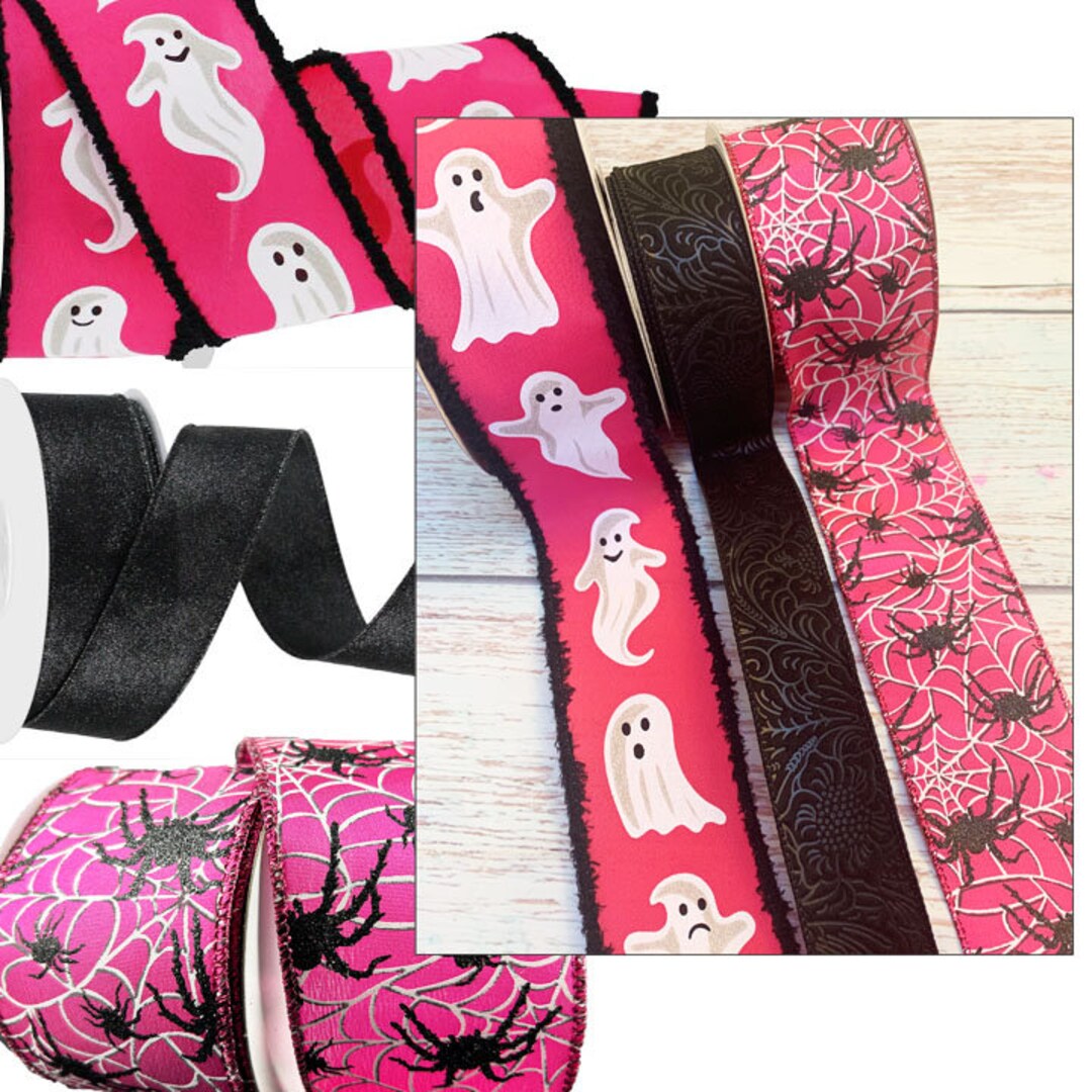 Pink Halloween Ribbon Set, Wired Ribbon for Halloween, Pink Ghost ...