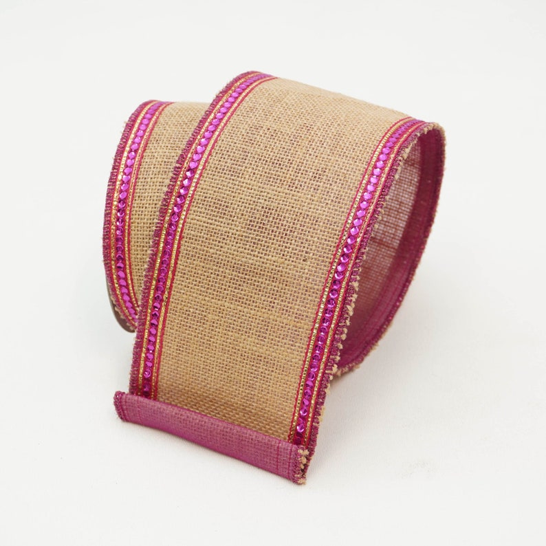 Wired Burlap Ribbon with Pink Sequin Edge, Pink Wired Ribbon for Valentine Wreaths and Crafts, Pink Designer Ribbon 4 x 10 YARD ROLL image 9