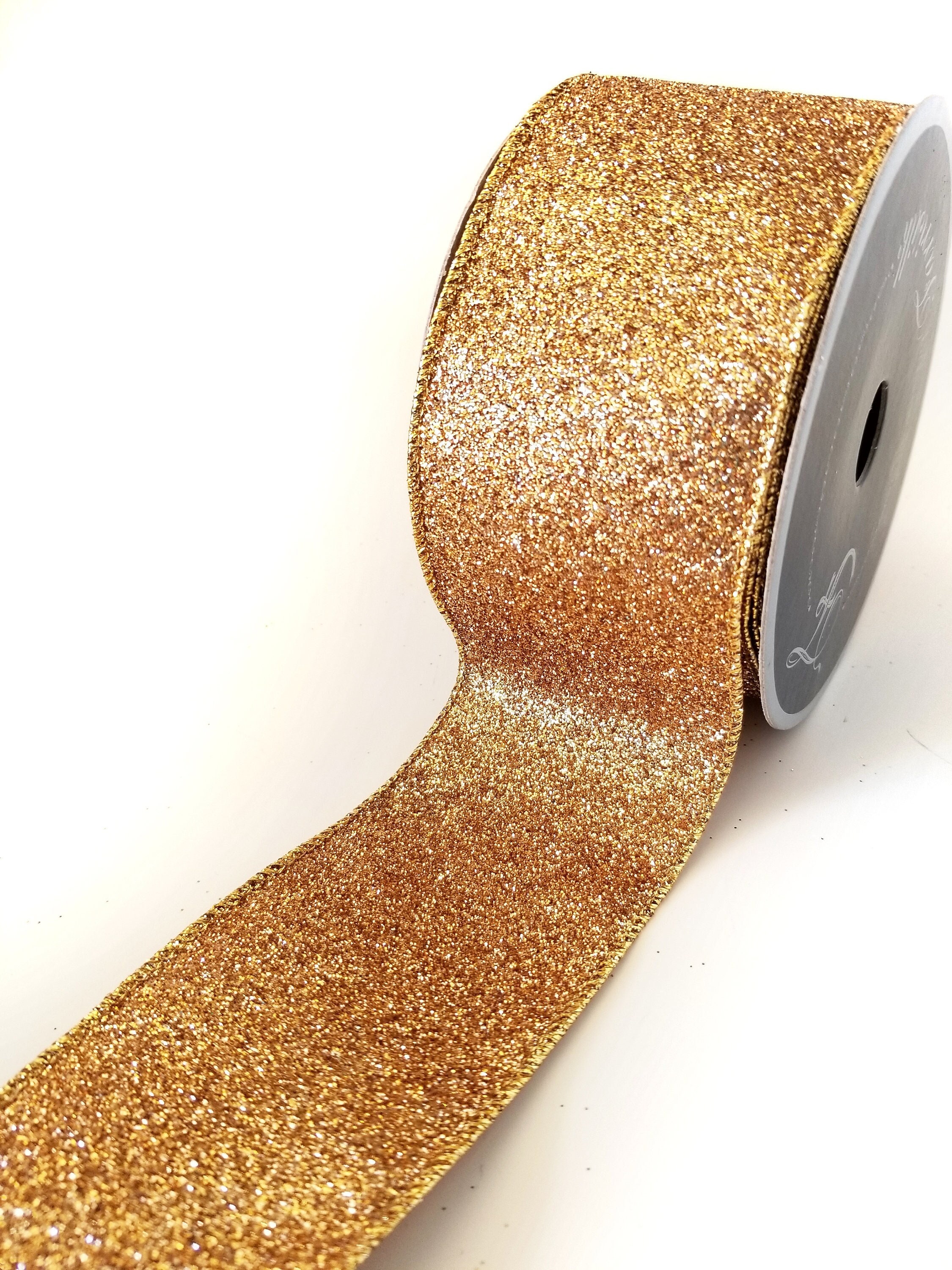 Wired Gold Glitter Ribbon, Gold Ribbon for Wreaths and Bows, Gold Christmas  Ribbon, 2.5 X 10 YARD ROLL 