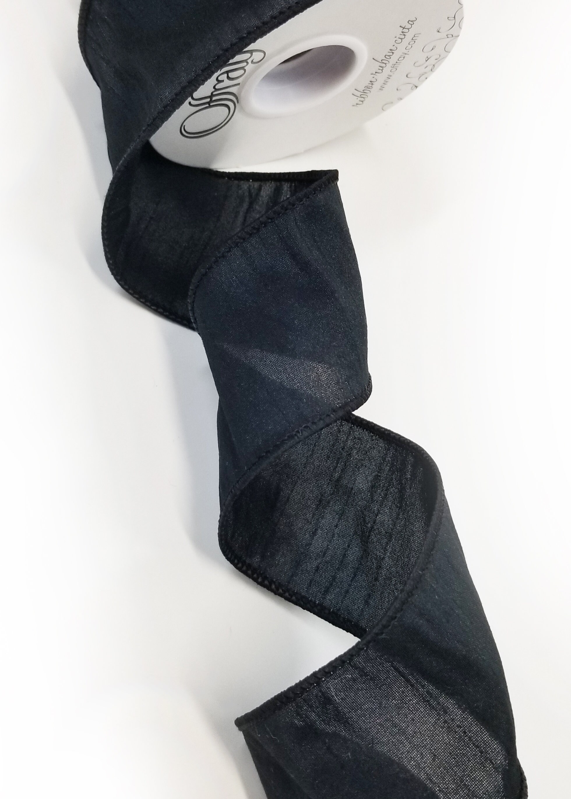 Wired Black Ribbon, Black Dupion Ribbon, Faux Silk Ribbon