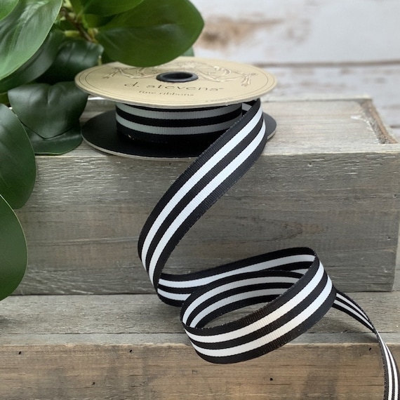 Wired Black White Stripe Ribbon, Black White Ribbon for Bows, 7/8 X 25 YARD  ROLL 