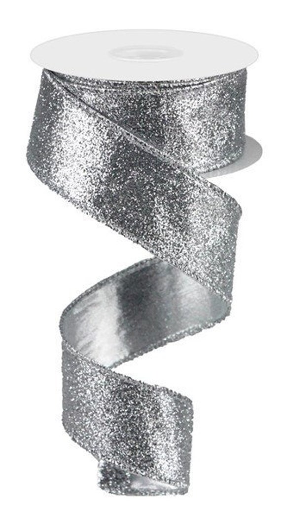 Wired Silver Glitter Ribbon, Silver Ribbon for Wreaths and Bows
