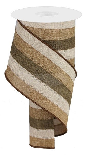 Brown + Natural Striped Washed Faux Linen Ribbon • 1-1/2