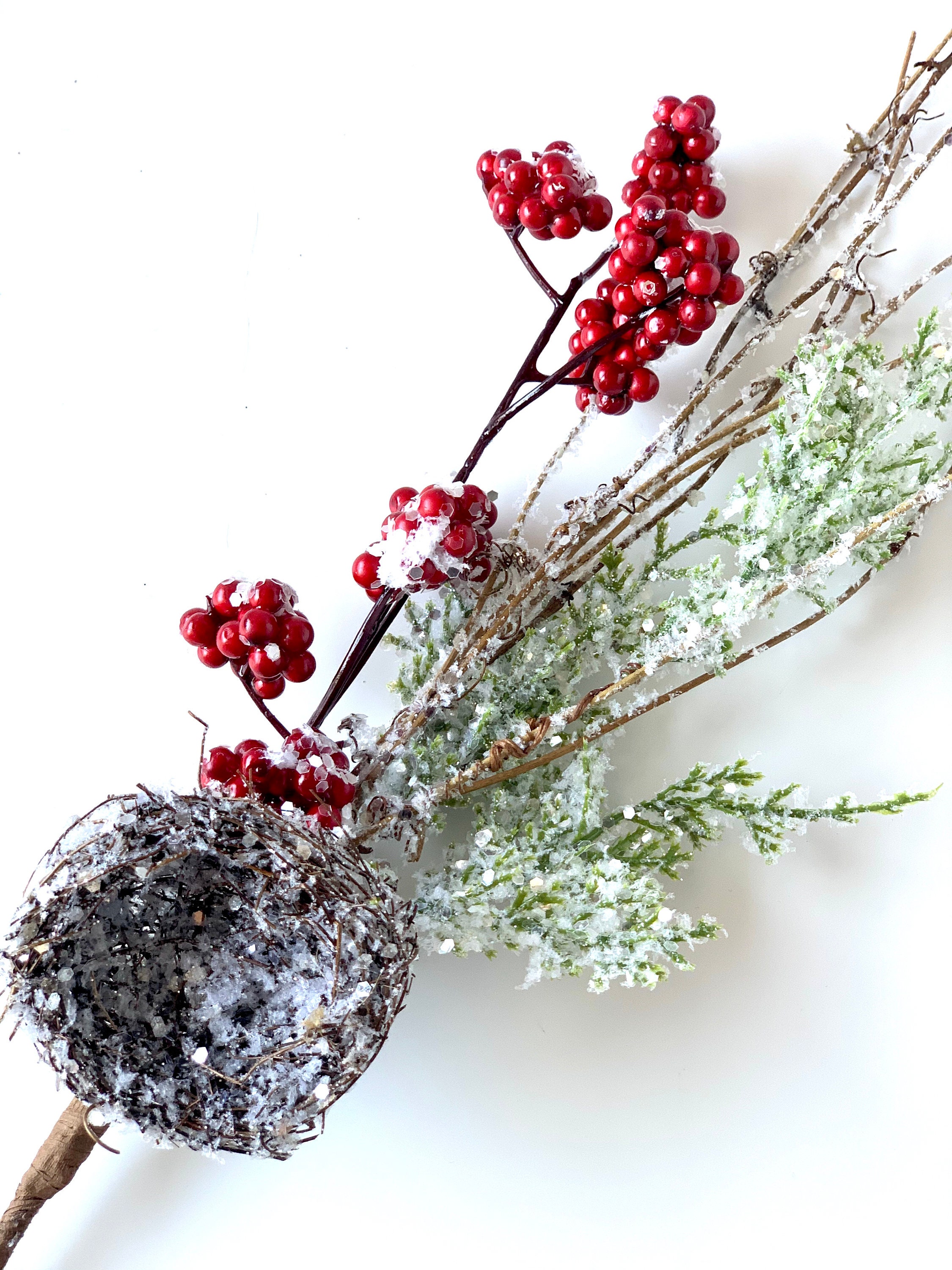 Frosted Nest Pick Christmas pick Frosted Pine Berry stem Etsy