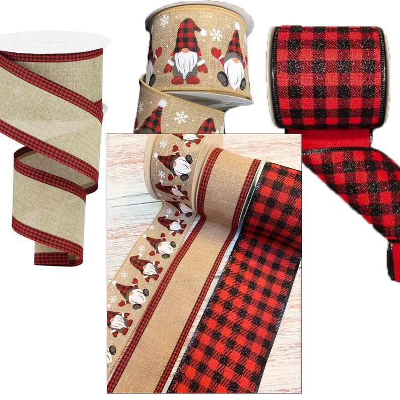 Christmas Ribbon Set, Christmas Gnome Wired Ribbon, Buffalo Check