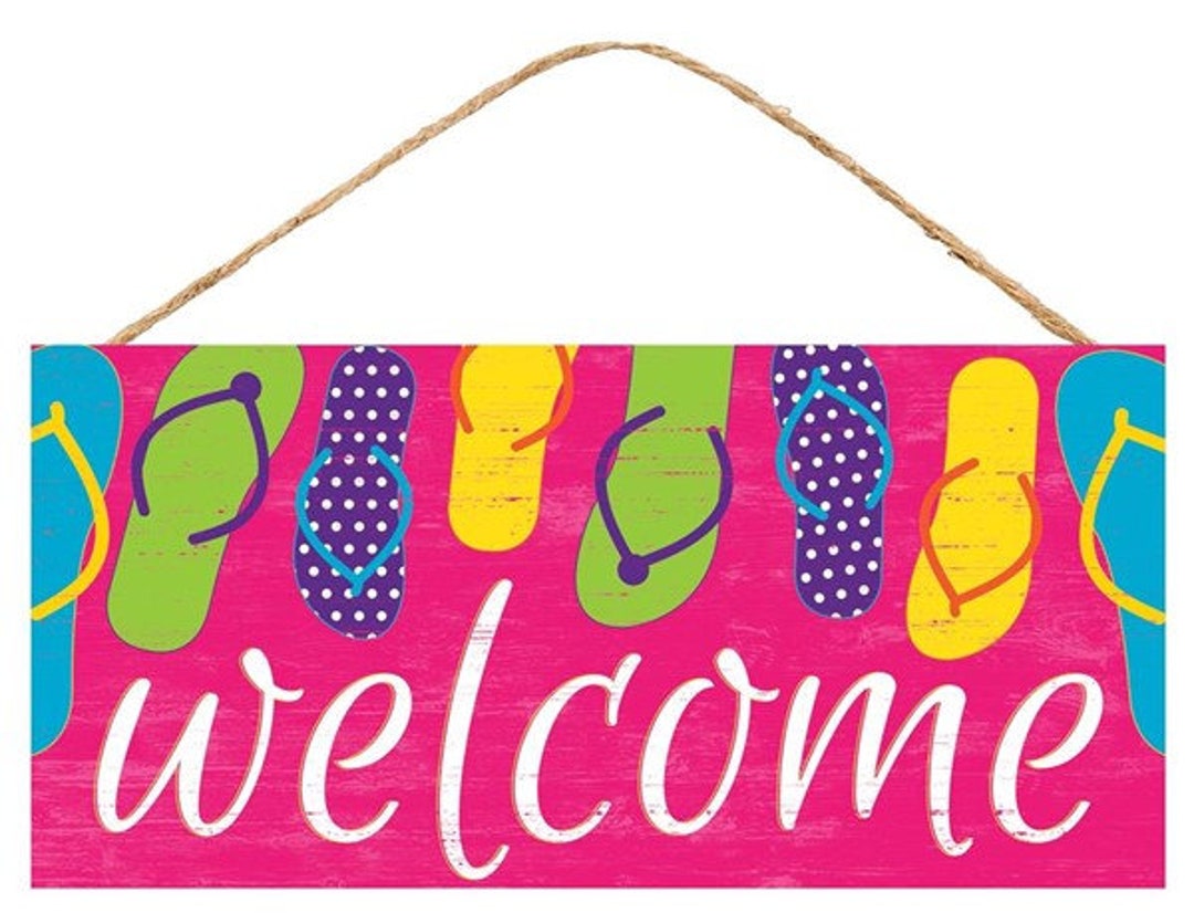 Summer Wood Sign, Flip Flop Welcome Sign for Wreath, Beach Sign, Summer