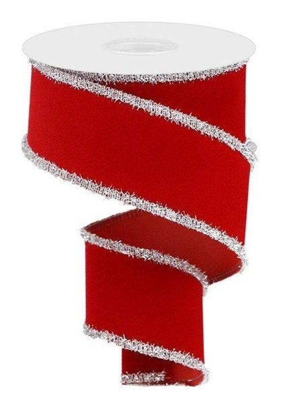 Wired Red Velvet Ribbon With Silver Tinsel, Red Silver Christmas Ribbon,  2.5 X 10 YARD ROLL 