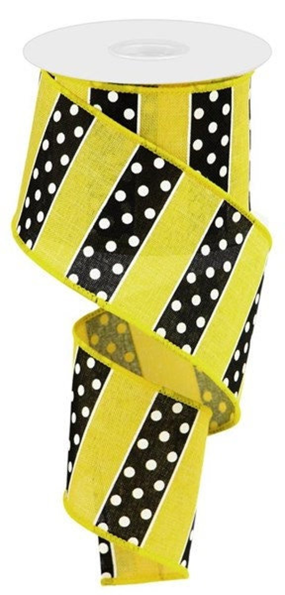 Wired Yellow Polka Dot Ribbon, Yellow Black Ribbon, Yellow Stripe Ribbon for Wreaths and Bows, 2