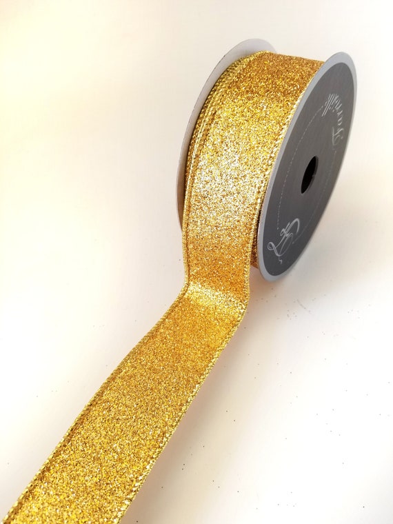 Wired Gold Glitter Ribbon, Gold Ribbon for Wreaths and Bows, Gold