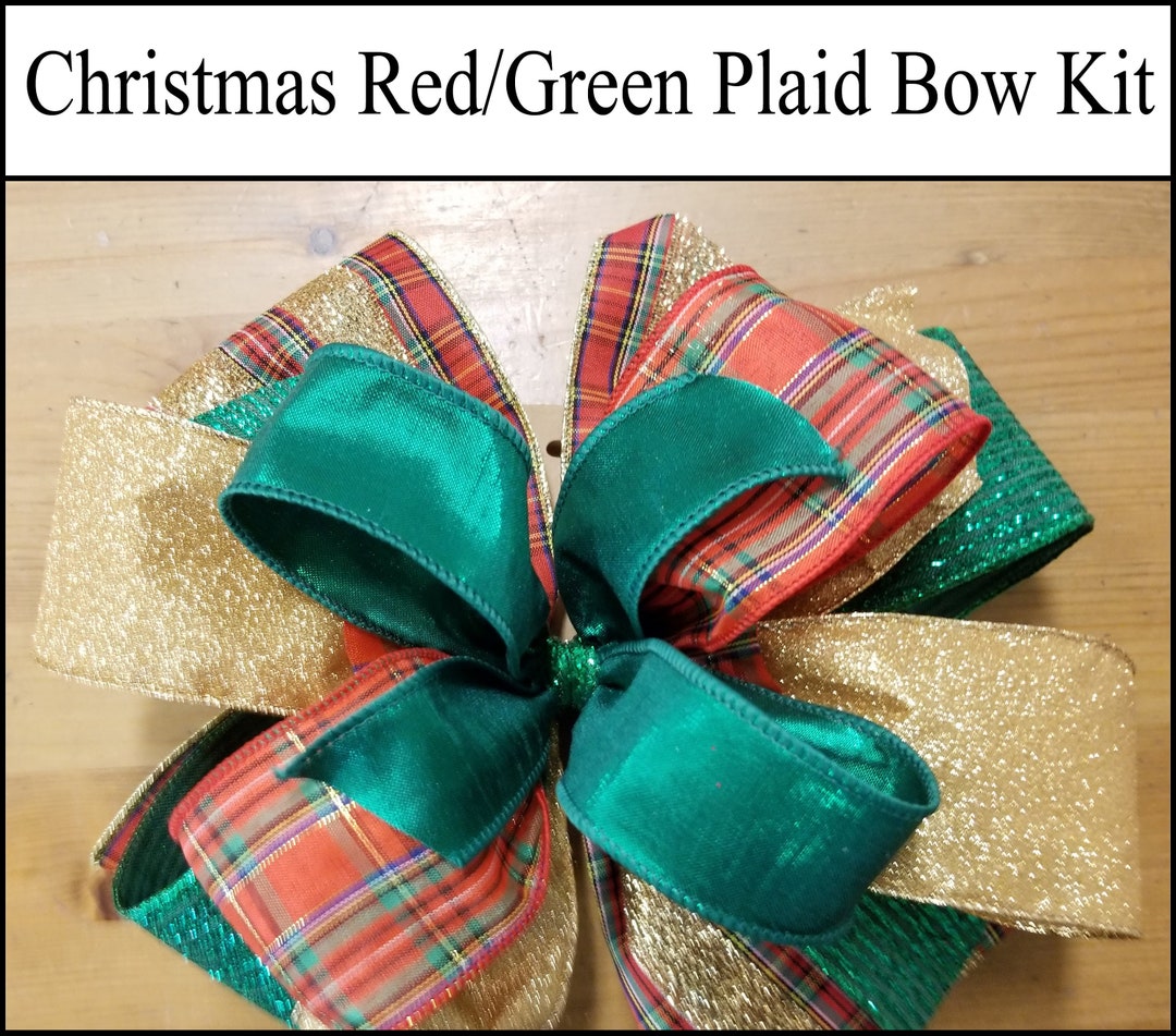DIY Bow Kit, Christmas Bow Kit, Red Green Plaid Bow, Christmas Wreath Bow, Easy Bow Tutorial