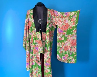 Vintage 1930s Handpainted Kimono-Art Deco Silk Mix Housecoat Robe Handpainted Floral Kimono Robe 1930s Cotton
