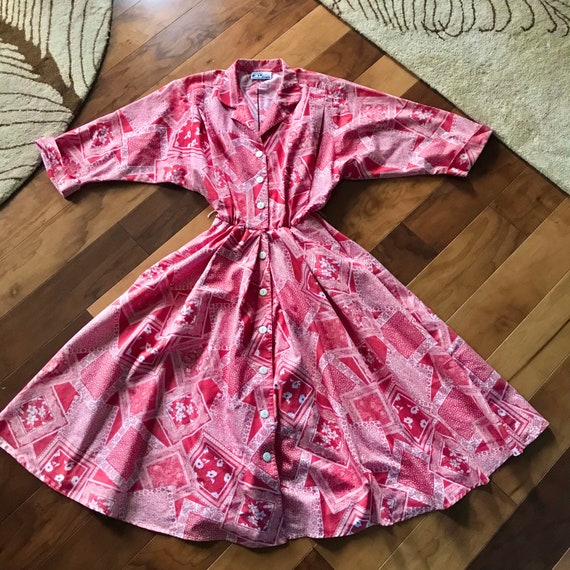 Cute 1980s Rose Pink Floral Cotton Fit and Flare … - image 1