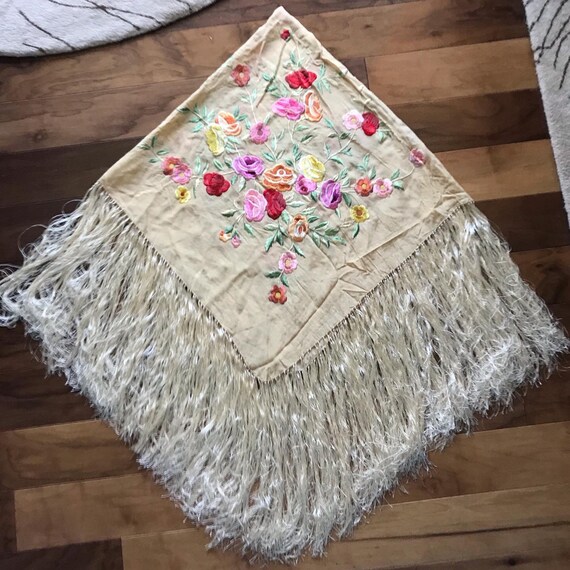 Lovely 1930s Embroidered Silk Piano Shawl with Flo
