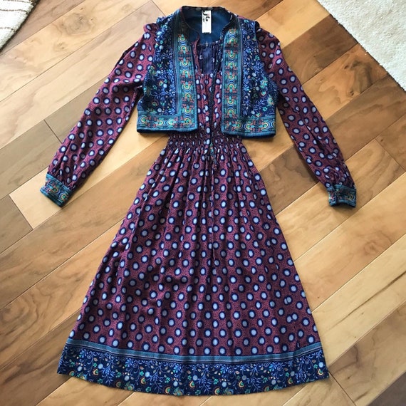 Gorgeous 1970s Dress and Vest with Pattern Mixing