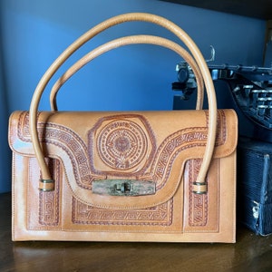 Gorgeous 1970s Hand Tooled Mexican Leather Purse by Arttimex