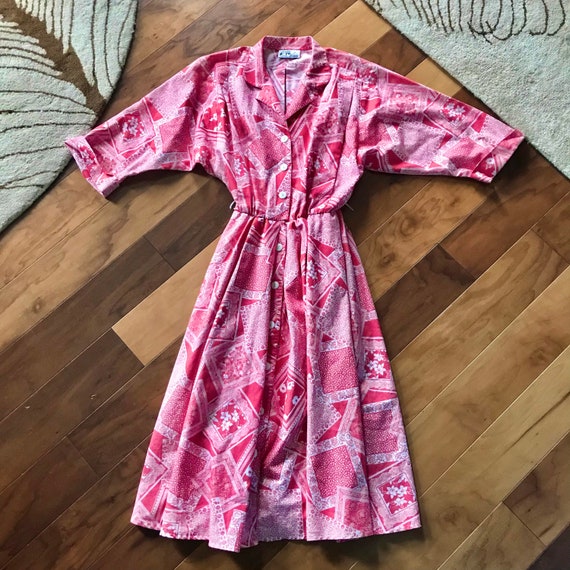 Cute 1980s Rose Pink Floral Cotton Fit and Flare … - image 3