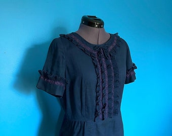 Frilly 1960s Navy Day Dress with Ruffled Bodice and Sleeves (M)