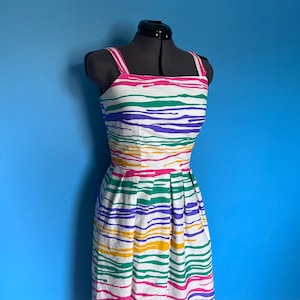 Fun 1970s Lanz Originals Rainbow Stripe Midi Length Party Dress with Cage Back (M)