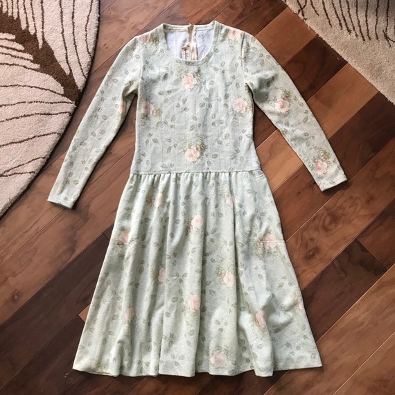 Sweet 1960s/1970s Green Floral Ayres Unlimited Knit Dress (S)