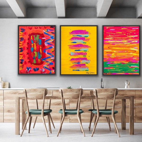 3 Piece Wall Art set: La danze de sol ~ 'Sun dance' by Bengü. Colorful abstract wall art. Colorful Mexican art. Statement triptych artwork