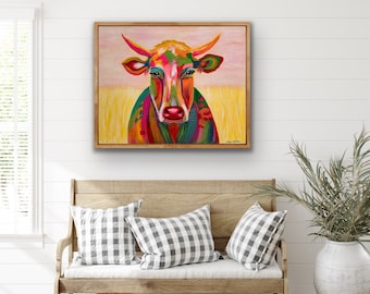 Cow with the golden horns ~ Abstract pop-art style colorful cow painting. Modern art. Large painting.