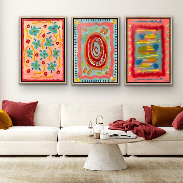 Conjunto de arte mural Flores Mexicanas: Tríptico abstracto, arte mexicano colorido