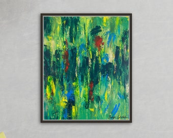 Waking up in the rainforest ~ original sold out. Abstract painting. Modern artwork. Green, yellow, red and gold. 20x24 inch