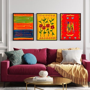 Original 3 Piece Wall Art set: La Bamba Mexico by Bengü. Original abstract art. Colorful Mexican art. Triptych  artwork. Mexican Folk Art
