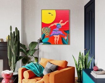 Caribbean Housewife Art Print – Colorful Dancing Woman Folk Art