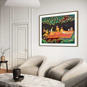 May include: A framed painting of five people sitting on a patterned rug under a canopy of green leaves and orange fruit. The people are wearing colorful clothing and are sitting in a relaxed pose. The background is a dark green color.