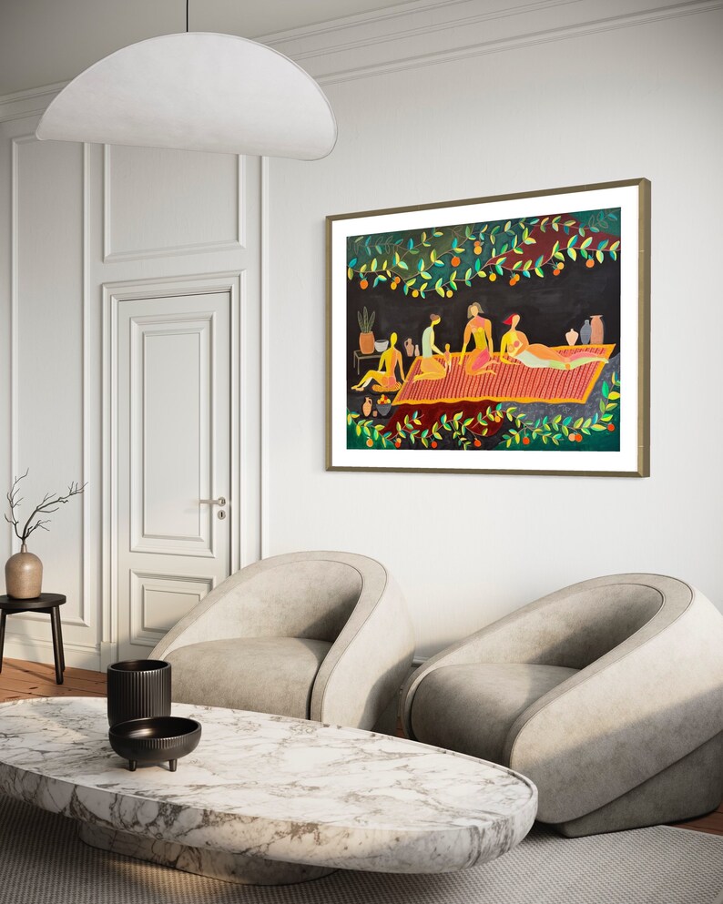 May include: A framed painting of five people sitting on a patterned rug under a canopy of green leaves and orange fruit. The people are wearing colorful clothing and are sitting in a relaxed pose. The background is a dark green color.