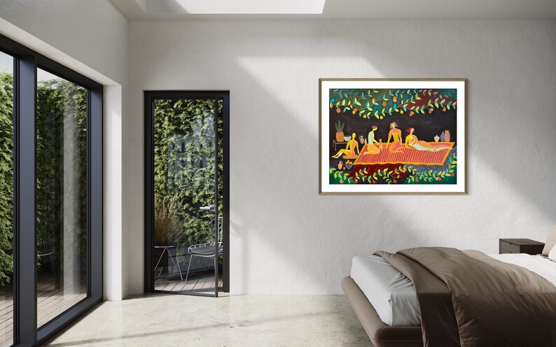 May include: A framed illustration of four people relaxing on a red and yellow patterned blanket under a canopy of green leaves and orange fruit. The people are drawn in a simple, stylized manner with yellow skin and black outlines.