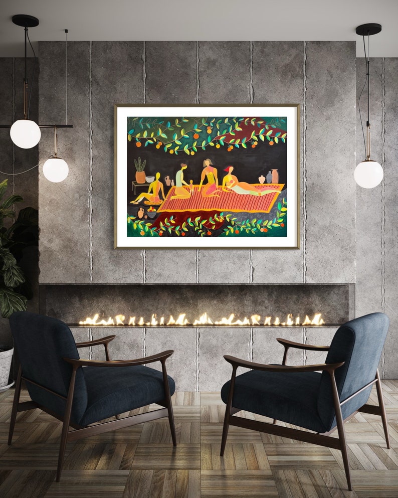 Family Gathering Acrylic Painting – Colorful Folk Art Print Available image 6